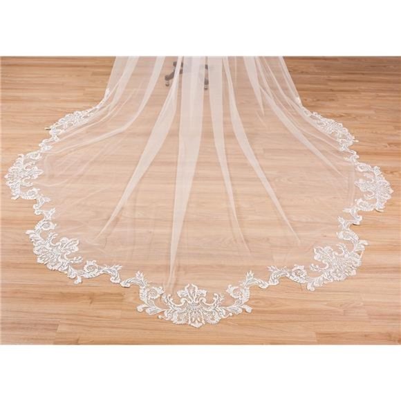 Cathedral Length Floral Lace Appliques Wedding Bridal Veil - Picture 2 of 6